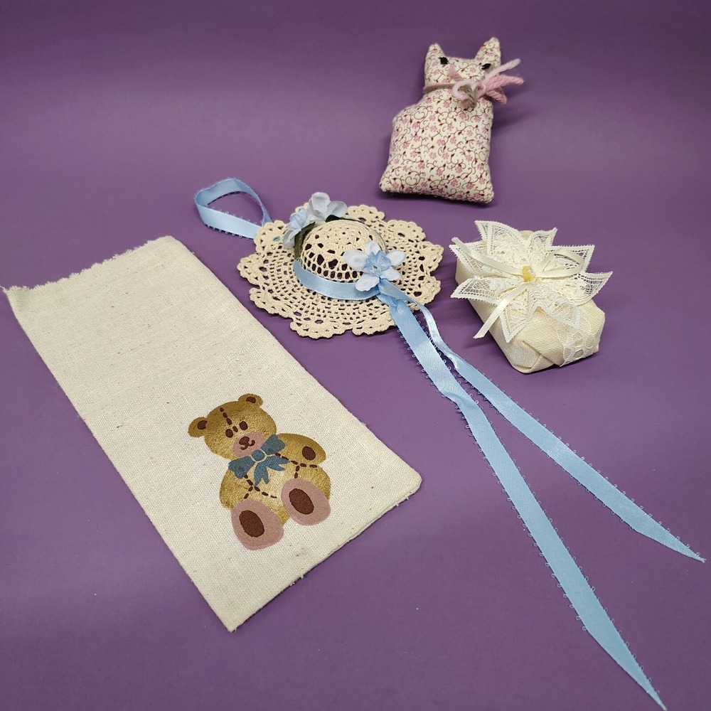80s Cottagecore Handmade Crafts: Ornament Cat Sachet Teddy‎ Bear Gift Bag Bundle